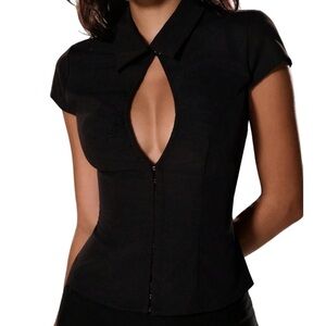 Women's Cut Out Ruched Cap Sleeve Collared Fitted Top